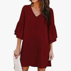 Belongsci Wine Red Vneck Bell Sleeve Crepe Shift Dress Size Medium